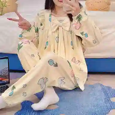 静英鸾 德绒长袖长裤方领套头可爱卡通花朵兔子两件套家居服秋冬季保暖套装 女款
