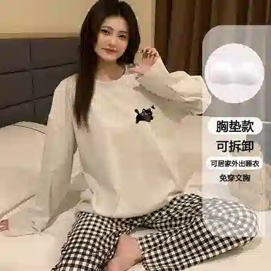 静英鸾 可拆卸胸垫休闲时尚简约高级感卡通小猫亲肤柔软舒适可外穿家居服睡衣套装 女款