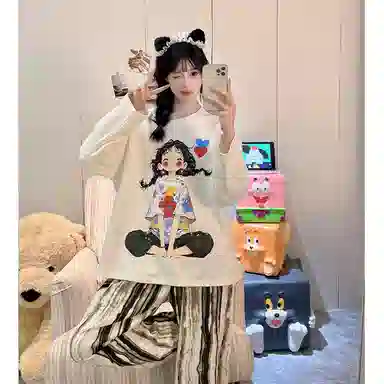 静英鸾 仿棉圆领套头长袖长裤可爱卡通小女孩条纹休闲家居服春秋季睡衣套装 女款