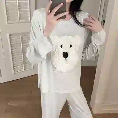 静英鸾 棉质带胸垫长袖长裤圆领套头纯色可爱卡通毛绒小狗家居服秋冬季睡衣套装 女款
