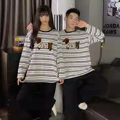 静英鸾 纯棉卡通可爱腊肠狗条纹圆领套头长袖长裤休闲家居服秋冬季睡衣套装 男女同款
