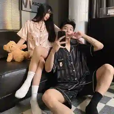 静英鸾 凉感短袖条纹可爱小熊开衫家居服睡衣套装 男女同款