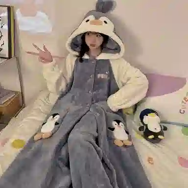 静英鸾 珊瑚绒保暖加绒加厚卡通企鹅可爱连帽休闲睡袍睡衣套装 女款