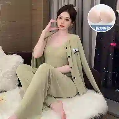 静英鸾 棉质羊绒长袖吊带长裤开衫纯色简约小清新家居服秋冬季睡衣套装 女款