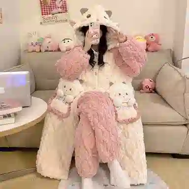 静英鸾 珊瑚绒保暖加绒加厚卡通小羊可爱连帽休闲睡袍睡衣套装 女款