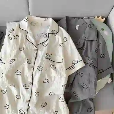 静英鸾 情侣舒适简约休闲短袖三件套可外穿家居服睡衣套装 男女同款