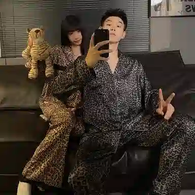 静英鸾 简约式豹纹休闲翻领舒适家居服睡衣套装 男女同款