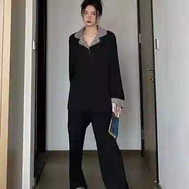 静英鸾 格子翻领长袖舒适可外穿高级感家居服睡衣套装 女款