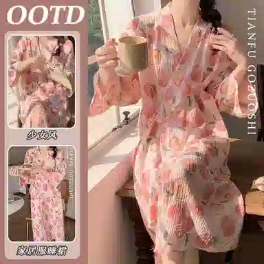 静英鸾 舒适简约轻盈透气休闲水蜜桃满印长袖家居服睡袍 女款