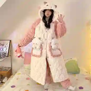 静英鸾 珊瑚绒保暖加绒加厚卡通小羊可爱连帽休闲睡袍睡衣套装 女款