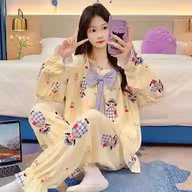静英鸾 德绒长袖长裤方领套头可爱卡通小女孩两件套家居服秋冬季保暖套装 女款