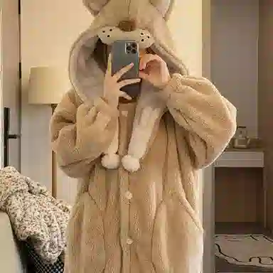 静英鸾 珊瑚绒保暖加绒加厚卡通小狮子可爱连帽休闲中长款家居服睡袍 女款