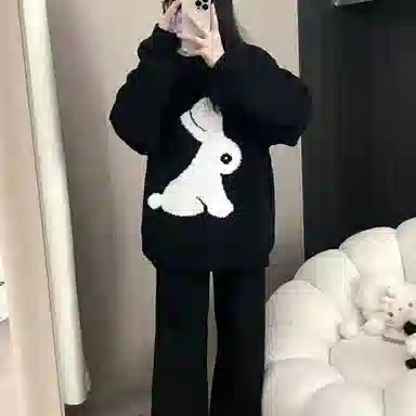 静英鸾 珊瑚绒保暖加绒加厚高级感卡通兔子圆领长袖长裤休闲家居服睡衣套装 女款