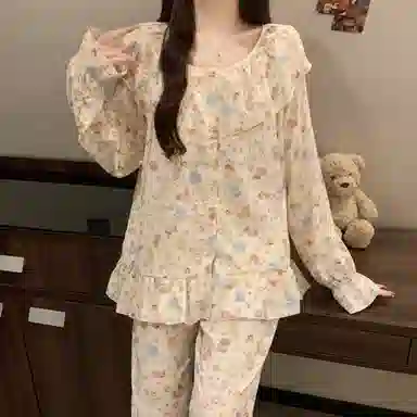 静英鸾 带胸垫长袖长裤满印卡通可爱小熊家居服秋冬季睡衣套装 女款
