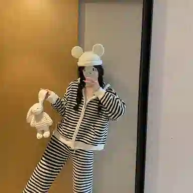 静英鸾 半边绒保暖加厚长袖长裤连帽简约条纹家居服冬季睡衣套装 女款