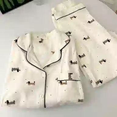 静英鸾 保暖加厚长袖长裤翻领开衫卡通波点腊肠狗家居服睡衣套装 女款