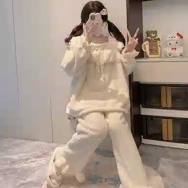 静英鸾 秋冬季纯色甜美风珊瑚绒加绒加厚保暖休闲舒适家居服睡衣套装 女款