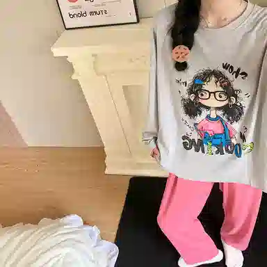 静英鸾 棉质带胸垫长袖长裤圆领套头可爱甜美女孩家居服秋冬季睡衣套装 女款