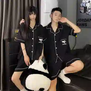 静英鸾 卡通熊猫纯色简约风休闲舒适家居服睡衣套装 男女同款