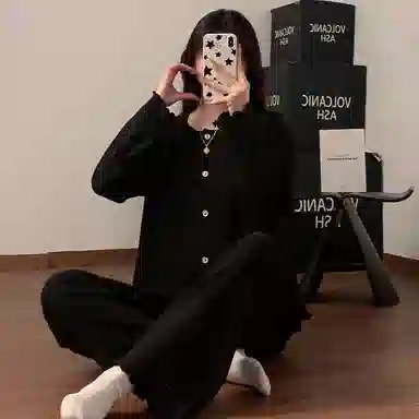静英鸾 德绒保暖加厚长袖长裤圆领开衫纯色简约家居服冬季睡衣套装 女款