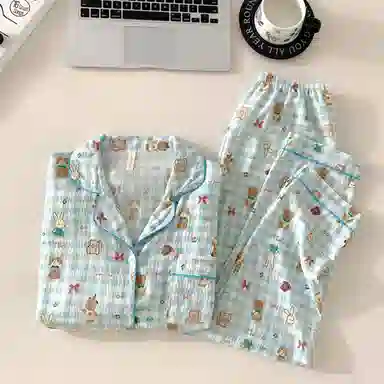 静英鸾 翻领方格卡通图案满印简约舒适可外穿家居服睡衣礼盒 女款