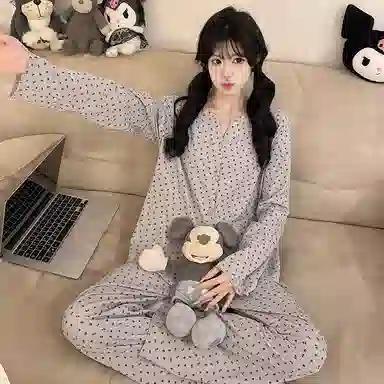 静英鸾 冰丝螺纹长袖长裤圆领开衫韩系小碎花印花家居服春秋季睡衣套装 女款