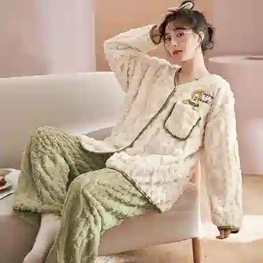 静英鸾 卡通图案可外穿风格长袖轻盈加绒加厚家居服睡衣套装 女款