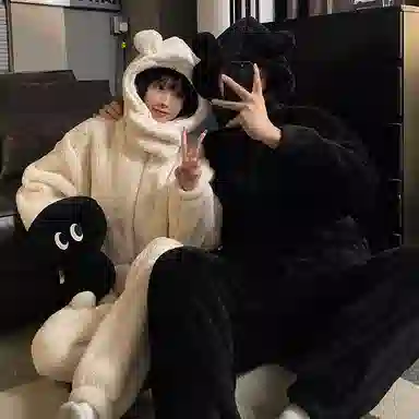 静英鸾 珊瑚绒加绒加厚保暖连帽纯色时尚简约风休闲舒适家居服睡衣套装 男女同款