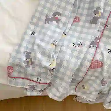 静英鸾 翻领格子可爱小狗甜美风休闲舒适家居服睡衣套装 女款