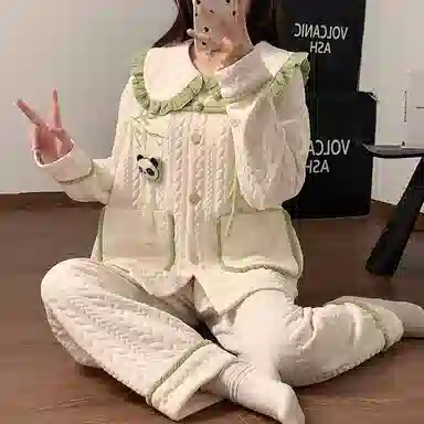静英鸾 珊瑚绒三层夹棉保暖加绒加厚长袖长裤可爱小清新熊猫家居服冬季睡衣套装 女款