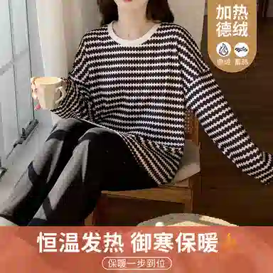 静英鸾 圆领设计条纹宽松舒适加绒加厚亲肤家居服睡衣套装 女款