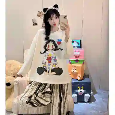 静英鸾 仿棉圆领套头长袖长裤可爱卡通小女孩条纹休闲家居服春秋季睡衣套装 女款