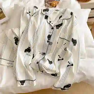 静英鸾 条纹卡通小猫时尚甜美风休闲舒适家居服睡衣套装 女款