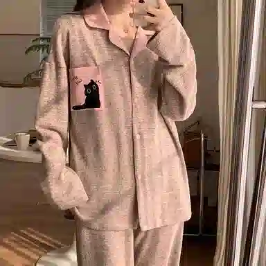 静英鸾 翻领简约甜美休闲时尚卡通小猫亲肤舒适可外穿家居服睡衣套装 女款