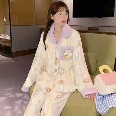 静英鸾 翻领简约休闲时尚甜美可爱卡通鸭子法兰绒亲肤柔软舒适可外穿家居服睡衣套装 女款