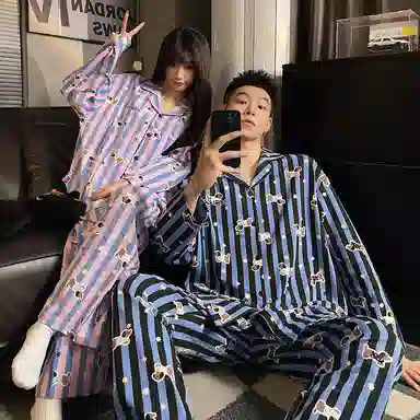 静英鸾 秋季翻领条纹腊肠狗甜美风休闲舒适可外穿家居服睡衣礼盒 男女同款