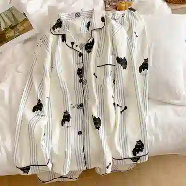 静英鸾 条纹卡通小猫时尚甜美风休闲舒适家居服睡衣套装 女款