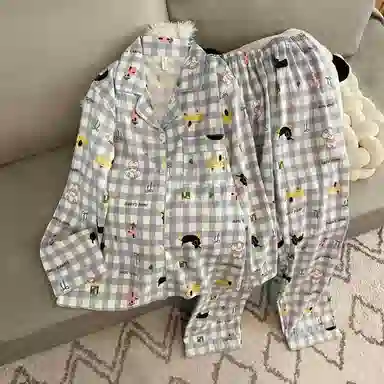 静英鸾 卡通格子满印小狗翻领开衫长袖长裤休闲家居服秋冬季睡衣套装 女款