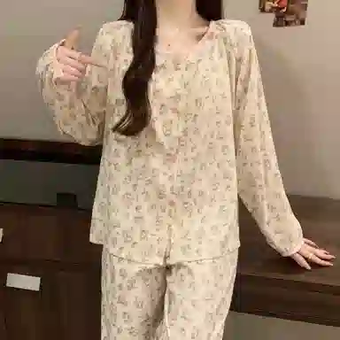 静英鸾 带胸垫长袖长裤圆领满印花朵休闲小清新家居服秋冬季睡衣套装 女款