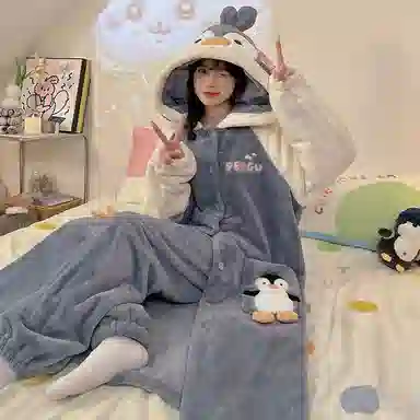 静英鸾 珊瑚绒保暖加绒加厚卡通企鹅可爱连帽休闲睡袍睡衣套装 女款