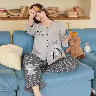 静英鸾 春秋季简约可爱卡通蝴蝶结小猫休闲亲肤舒适家居服睡衣套装 女款