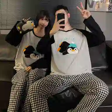 静英鸾 纯棉卡通可爱趴趴企鹅圆领套头长袖长裤休闲家居服秋冬季睡衣套装 男女同款