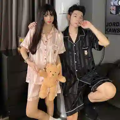 静英鸾 凉感短袖条纹可爱小熊开衫家居服睡衣套装 男女同款