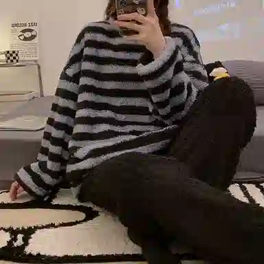 静英鸾 长袖圆领条纹保暖加绒加厚舒适家居服睡衣套装 女款