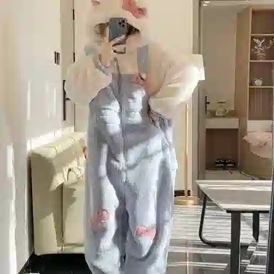 静英鸾 珊瑚绒加厚加绒保暖连帽开衫甜美蝴蝶结长袖长裤休闲连体家居服秋冬季睡袍 女款