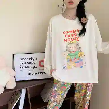 静英鸾 棉质带胸垫长袖长裤圆领套头卡通甜美花朵家居服秋冬季睡衣套装 女款