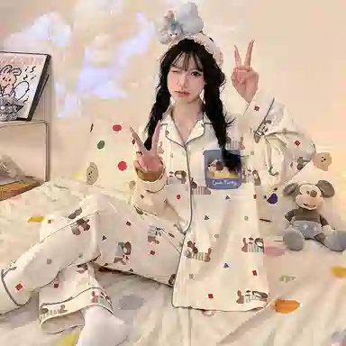 静英鸾 德绒长袖长裤翻领开衫可爱卡通腊肠狗休闲两件套家居服秋冬季睡衣套装 女款