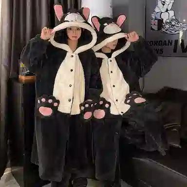 静英鸾 可爱小猫甜美风珊瑚绒加厚加绒保暖家居服秋冬季睡衣套装 男女同款