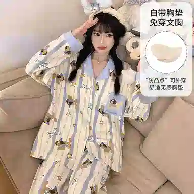 静英鸾 仿棉带胸垫长袖长裤翻领开衫卡通条纹星星腊肠狗家居服春秋季睡衣套装 女款