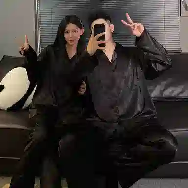 静英鸾 翻领纯色长袖长裤简约风家居服睡衣套装 男女同款
